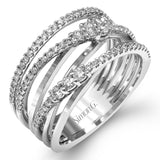 The intertwined design of this modern white and rose gold ring is highlighted by .66 ctw of round cut white diamonds.