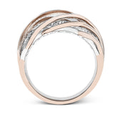 This unique two-toned ring design contains 1.40 ctw of white diamonds pave set in to 18k white gold, overlaid by organic bands of 18k rose gold.