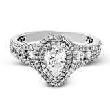 Featuring a pear-shaped double halo, this modern white gold engagement ring is highlighted by .68 ctw of round cut white diamonds.