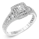 This lovely contemporary styled white gold engagement ring features a dazzling setting of .66 ctw of round cut white diamonds.