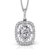 This stunning white gold pendant features a .72 ctw oval shaped sapphire framed by .20 ctw of round white diamonds and a lovely filigree detail.
