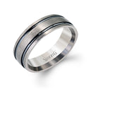 Featuring an eye-catching brushed finish, this contemporary gray gold men's band features twin rows of grooved accents, resulting in a memorable look.