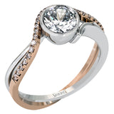 This modern wedding set is a bold choice with a crisscrossing design of 18k white and rose gold set with .26 ctw of white diamonds.