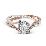 This modern wedding set is a bold choice with a crisscrossing design of 18k white and rose gold set with .26 ctw of white diamonds.