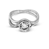 This modern wedding set is a bold choice with a crisscrossing design of 18k white and rose gold set with .26 ctw of white diamonds.