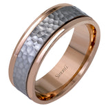 A hammered platinum center highlights the contemporary design of this men's two-tone wedding band, outlined with sleek rose gold rims.