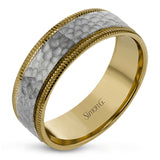 This stunning contemporary platinum men's wedding band features a hammered center column outlined dual milgrain edges for an eye-catching design.