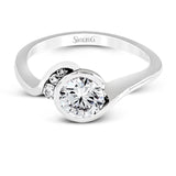 This distinctive, swirling ring design is set with .19 ctw and holds the center stone in a partial bezel setting.