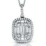 This impressive modern white gold pendant is highlighted by .19 ctw round cut white diamonds and accented with .38 ctw baguette cut diamonds.