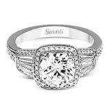 This design is a modern take on a classic design, with .29 ctw of round diamonds set into its halo and sides, and .31 ctw of baguette diamonds flanking the center stone.