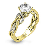 This impressive contemporary two-tone engagement ring features a unique twisting design on the shank, which is complemented by .17 ctw of round cut white diamonds.