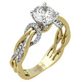 This impressive contemporary two-tone engagement ring features a unique twisting design on the shank, which is complemented by .17 ctw of round cut white diamonds.