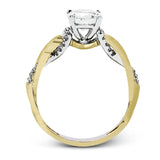 This impressive contemporary two-tone engagement ring features a unique twisting design on the shank, which is complemented by .17 ctw of round cut white diamonds.