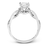 This impressive contemporary two-tone engagement ring features a unique twisting design on the shank, which is complemented by .17 ctw of round cut white diamonds.