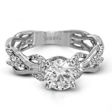 This impressive contemporary two-tone engagement ring features a unique twisting design on the shank, which is complemented by .17 ctw of round cut white diamonds.
