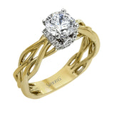 The distinctive twist design on the shank of this two-tone ring sets the stage for a sparkling setting of .13 ctw of round cut white diamonds.