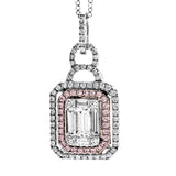 Reflecting a distinctive design, this elegant pendant is set with .38 ctw baguette cut diamonds, .08 ctw round cut pink diamonds. and .20 ctw round cut white diamonds.
