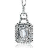 Reflecting a distinctive design, this elegant pendant is set with .38 ctw baguette cut diamonds, .08 ctw round cut pink diamonds. and .20 ctw round cut white diamonds.