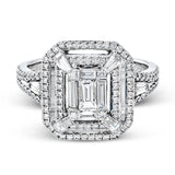 Reflecting an eye-catching modern design, this white gold engagement ring is emphasized by .39 ctw of round white diamonds and .64 ctw baguette cut white diamonds.