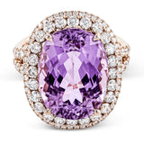 Reflecting an impressive contemporary style, this rose gold ring is emphasized by an exquisite 12.06 ctw center kunzite surrounded by 1.49 ctw of round diamonds.