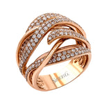 Featuring a striking intertwined design, this modern rose gold ring is set with 1.20 ctw of shimmering round cut white diamonds.