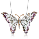 This charming classic butterfly pendant features .13 ctw of round cut white diamond accents and a carved 5.52 ctw watermelon tourmaline highlighted by rose gold.