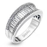 Vertical baguette diamonds are complemented by lines of round diamonds in this stunning band, sure to make a statement.