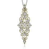 The lacy filigree design of this vintage style white gold pendant is highlighted by .69 ctw of shimmering round cut white diamonds.