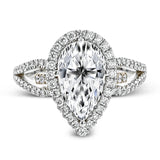 Featuring a lovely pear-shaped halo, this contemporary white and rose gold engagement setting is complemented by a split shank design containing .45 ctw round cut white diamonds and .08 ctw pink diamonds.