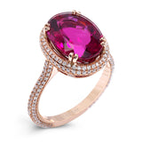 A beautiful 5.57 ct rubellite center stone is the centerpiece of this 18k rose gold ring, which is accented by .71 ctw of diamonds.