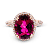 A beautiful 5.57 ct rubellite center stone is the centerpiece of this 18k rose gold ring, which is accented by .71 ctw of diamonds.