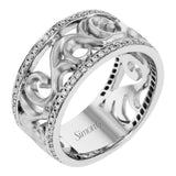 Black and white 14k gold combine to create a statement piece in this band featuring a scrolling pattern and .41cttw diamonds.