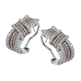 These dramatic contemporary earrings feature a dramatic design set with 1.04 ctw round white diamonds set in a lovely white and rose gold setting.