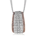 The lovely contemporary design of this white and rose gold pendant is enhanced by the presence of .14 ctw round cut pink diamonds complemented by 1.42 ctw princess cut white diamonds.