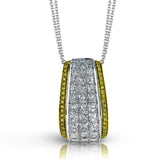 The lovely contemporary design of this white and rose gold pendant is enhanced by the presence of .14 ctw round cut pink diamonds complemented by 1.42 ctw princess cut white diamonds.