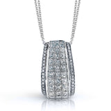 The lovely contemporary design of this white and rose gold pendant is enhanced by the presence of .14 ctw round cut pink diamonds complemented by 1.42 ctw princess cut white diamonds.