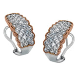 These remarkable white gold contemporary earrings are complemented by 3.08 ctw of shimmering princess cut diamonds and rose gold accents.