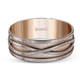 This striking men's two-tone wedding band presents an intricate entwined infinity design in white gold set against a rose gold background.