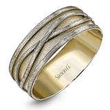 This striking men's two-tone wedding band presents an intricate entwined infinity design in white gold set against a rose gold background.