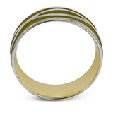 This striking men's two-tone wedding band presents an intricate entwined infinity design in white gold set against a rose gold background.