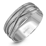 This striking men's two-tone wedding band presents an intricate entwined infinity design in white gold set against a rose gold background.