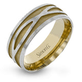 This striking men's two-tone wedding band presents an intricate entwined infinity design in white gold set against a rose gold background.