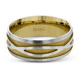 This striking men's two-tone wedding band presents an intricate entwined infinity design in white gold set against a rose gold background.