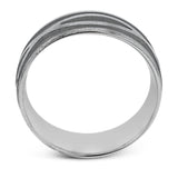 This striking men's two-tone wedding band presents an intricate entwined infinity design in white gold set against a rose gold background.