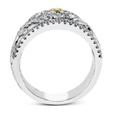 The delicate floral design of this white and yellow gold band is complemented by .53 ctw of round cut white diamonds and .04 ctw of round cut yellow diamond accents.