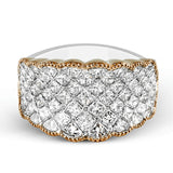 The shimmering 3.18 ctw of princess cut white diamonds elevate this remarkable, contemporary white and rose gold band.
