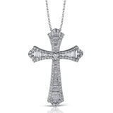 This striking white gold cross pendant is accented by the presence of .40 ctw round white diamonds and .56 ctw baguette cut diamonds.