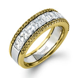 The classic design of this white and rose gold band is highlighted by .28 ctw round cut pink diamonds with 1.67 ctw of Asscher cut diamonds accents.
