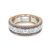 The classic design of this white and rose gold band is highlighted by .28 ctw round cut pink diamonds with 1.67 ctw of Asscher cut diamonds accents.