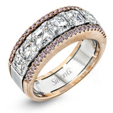 Featuring an eye-catching design, this white and rose gold band is highlighted by .28 ctw of round cut white diamonds and 2.83 ctw of Asscher cut diamonds.